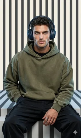 Green-Eyed Headphone Portrait — Nano Banana 2 AI Prompt: "A medium close-up, high-definition portrait photo of a handsome young man with...