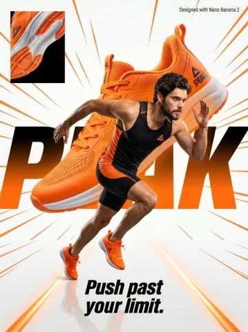 Orange PEAK Running Ad — Nano Banana 2 AI Prompt: Create a powerful athletic shoe advertisement for "PEAK" running brand. Person w...