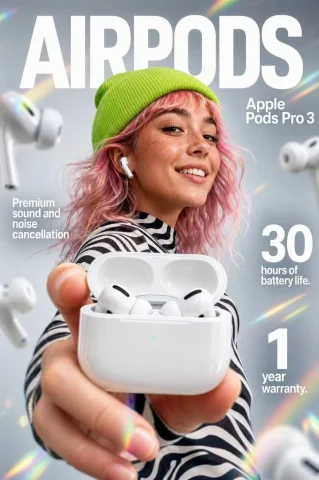 Futuristic Earbuds Ad — Nano Banana 2 AI Prompt: Create a high-end futuristic product advertisement poster for Apple Pods Pro 3,...