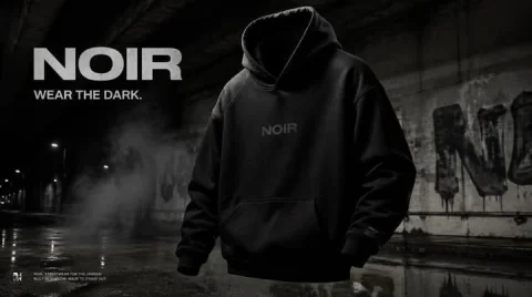 Dark Streetwear Poster — Nano Banana 2 AI Prompt: Create a premium, highly realistic 1:1 campaign poster for NOIR, a modern street...