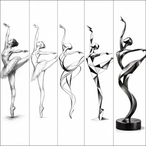 Ballerina Sculpture Progression — Nano Banana 2 AI Prompt: Artistic progression in five vertical panels: from realistic sketch to modern ab...