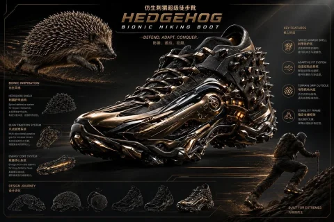 Bionic Hiking Boot — Nano Banana 2 AI Prompt: Extreme futuristic hedgehog-inspired bionic hiking boot, fusion of rugged outdoo...