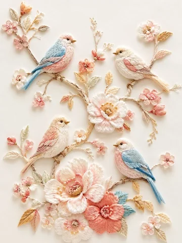 Relief Embroidered Bird — Nano Banana 2 AI Prompt: Exquisite 3D embroidery style illustration, bas-relief fiber art effect, pure "s...