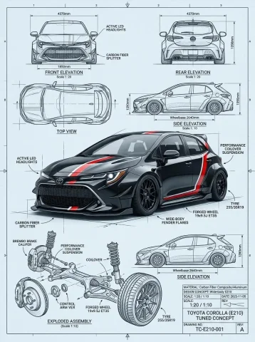Black Widebody Hatch Engineering Blueprint — Nano Banana 2 AI Prompt: A highly detailed automotive engineering blueprint poster featuring a modified w...