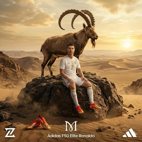 Desert Sunset Footballer × Ibex Ad Composition — Nano Banana 2 AI Prompt: A cinematic luxury sports advertisement scene in a golden desert at sunset. A fa...