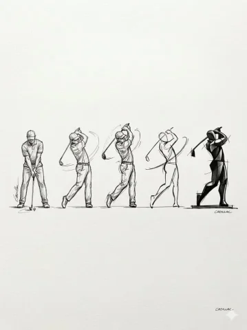 Five-Stage Golf Swing Sketch Evolution — Nano Banana 2 AI Prompt: A series of five progressive golf swing sketches arranged horizontally from left...