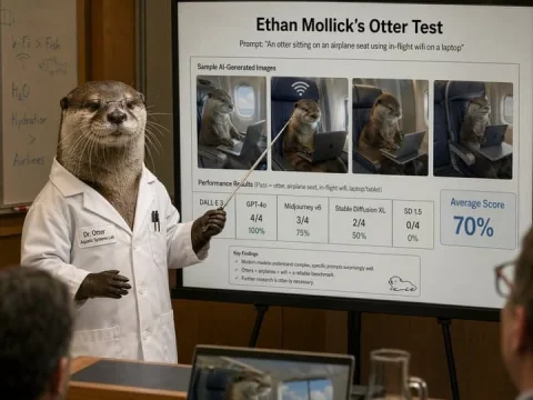 Otter Scientist Presentation — Nano Banana 2 AI Prompt: A photorealistic humorous academic presentation in a conference room: an anthrop...