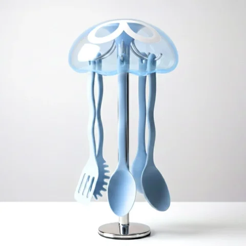 Jellyfish-Shaped Kitchen Utensil Holder Render — Nano Banana 2 AI Prompt: Using the provided reference image, turn the technical engineering spec sheet in...