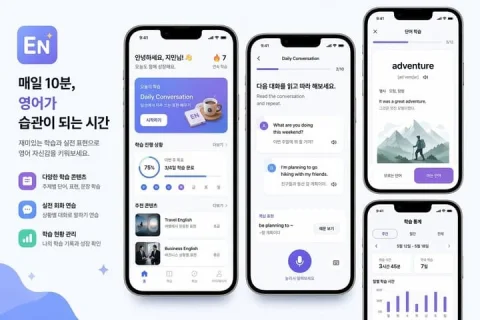 Korean English Learning App Poster — Nano Banana 2 AI Prompt: {"type":"mobile app promo poster mockup","style":"clean modern Korean edtech mar...