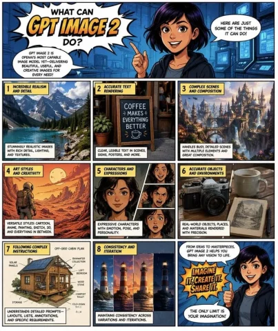 GPT IMAGE 2 Showcase — Nano Banana 2 AI Prompt: {"type":"comic book page promotional infographic","style":"bold modern comic-boo...
