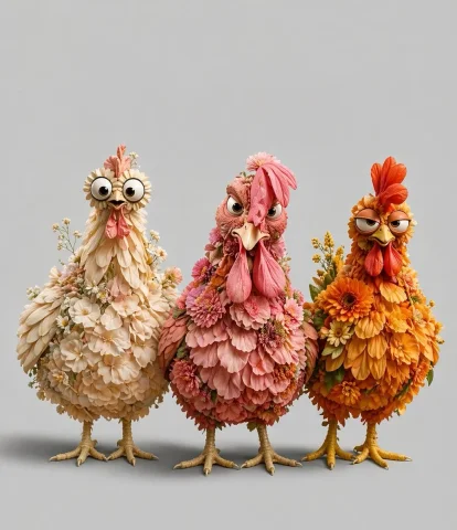 Whimsical Chicken Portrait — Nano Banana 2 AI Prompt: A whimsical studio portrait of 3 stylized chickens made entirely from layered fl...