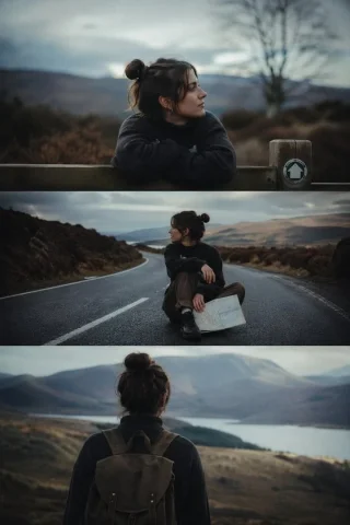Cinematic Travel Stills — Nano Banana 2 AI Prompt: {"type":"cinematic 3-frame sequential film stills","style":"ultra-realistic, moo...