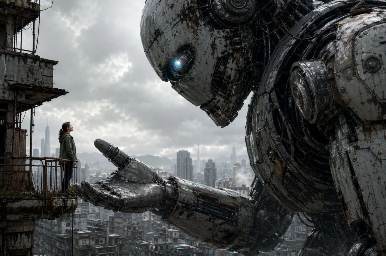 Colossal Robot and Woman on Balcony