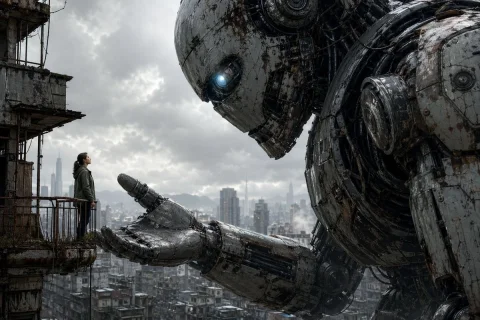 Colossal Robot and Woman on Balcony — Nano Banana 2 AI Prompt: A cinematic dystopian sci-fi scene in a wide, photorealistic frame: a colossal w...