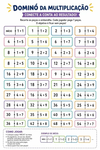 Printable Multiplication Domino Worksheet — Nano Banana 2 AI Prompt: Create a vertical printable educational worksheet in Brazilian Portuguese, clean...
