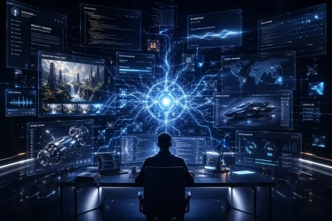 Futuristic AI Workspace — Nano Banana 2 AI Prompt: A cinematic futuristic control-room workspace in a dark premium tech aesthetic,...