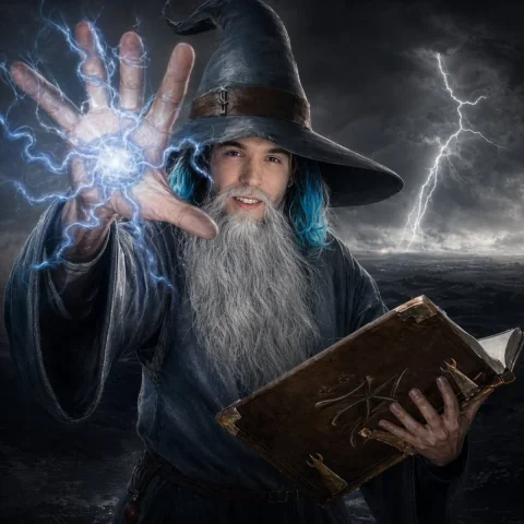 Storm Wizard Portrait — Nano Banana 2 AI Prompt: A dramatic dark-fantasy portrait of an elderly wizard standing in a stormy waste...