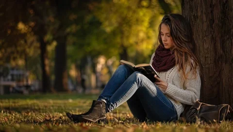 Autumn Park Reading — Nano Banana 2 AI Prompt: A realistic lifestyle stock photo of a young woman sitting on the ground and lea...