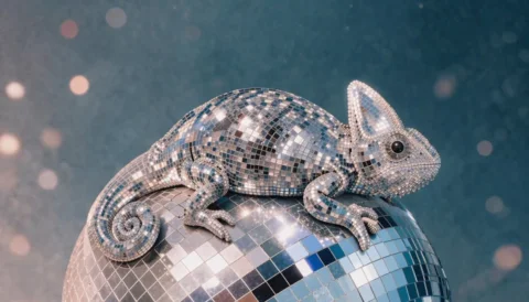 Mirrored Chameleon — Nano Banana 2 AI Prompt: A highly polished studio photograph of a chameleon entirely covered in tiny mirr...