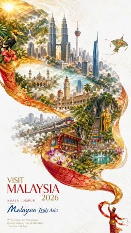 Malaysia Tourism Poster — Nano Banana 2 AI Prompt: A luxurious tourism poster for Malaysia, designed as a vertical fine-art travel...