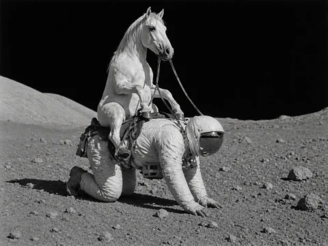 Surreal Moon Rider — Nano Banana 2 AI Prompt: A surreal black-and-white photograph of a white horse riding an astronaut on the...