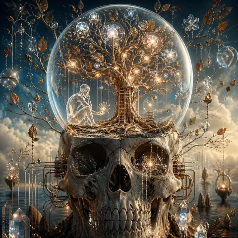 Surreal Skull and Tree of Consciousness — Nano Banana 2 AI Prompt: A surreal, ultra-detailed fantasy illustration of a large weathered human skull...