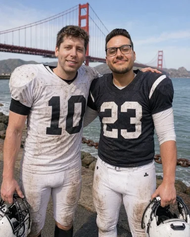 Football Team Friends Under the Golden Gate Bridge — Nano Banana 2 AI Prompt: A realistic outdoor sports portrait of two American football players standing si...