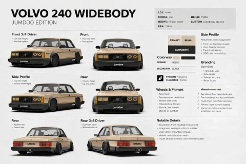 Volvo 240 Widebody Specification — Nano Banana 2 AI Prompt: {"type":"automotive design specification board","subject":{"vehicle":"Volvo 240"...