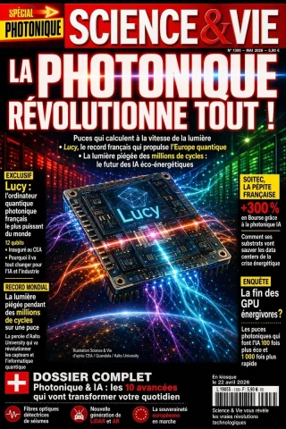 Futuristic Photonics Magazine Cover — Nano Banana 2 AI Prompt: A hyper-detailed French popular science magazine cover in the style of a bold ma...