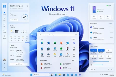 Windows 11 UI Showcase — Nano Banana 2 AI Prompt: {"type":"Windows 11 promotional UI mockup","style":"clean modern product marketi...