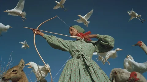 Surreal Archer with Birds and Beasts — Nano Banana 2 AI Prompt: A surreal cinematic outdoor portrait of a masked archer standing in a dry field...