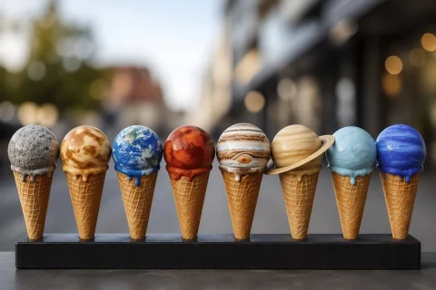Solar System Ice Cream — Nano Banana 2 AI Prompt: A whimsical, photorealistic product-style food photograph of 8 ice cream cones l...