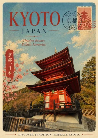 Vintage Kyoto Travel Poster — Nano Banana 2 AI Prompt: A vintage travel poster for KYOTO, Japan, designed in a nostalgic mid-century to...