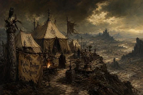 Dark Fantasy Outpost — Nano Banana 2 AI Prompt: A dark fantasy matte painting of a bleak hilltop encampment overlooking a vast c...