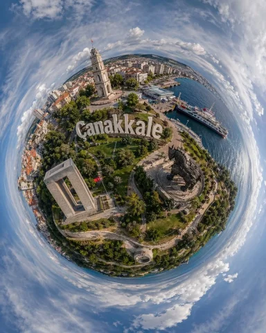 Aerial Perspective of Canakkale — Nano Banana 2 AI Prompt: A dramatic ultra-wide aerial tiny-planet photograph of Canakkale, Turkey, render...