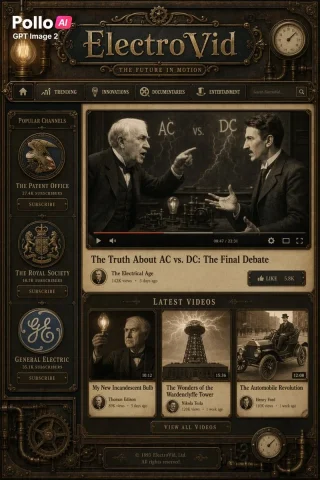Steampunk Retro Video Platform UI — Nano Banana 2 AI Prompt: Create a full-screen fictional video platform homepage in a richly detailed stea...