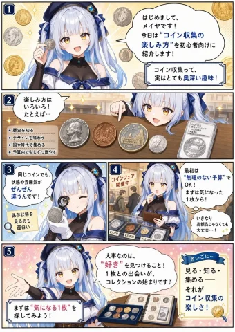 Beginner's Coin Collecting Manga — Nano Banana 2 AI Prompt: {"type":"single-page educational manga","style":"clean polished anime illustrati...
