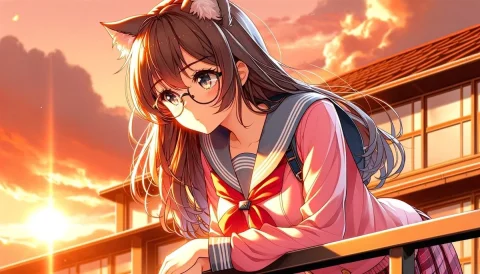Cat-Eared Schoolgirl on Rooftop — Nano Banana 2 AI Prompt: A high-quality anime illustration of a cat-eared schoolgirl leaning forward over...
