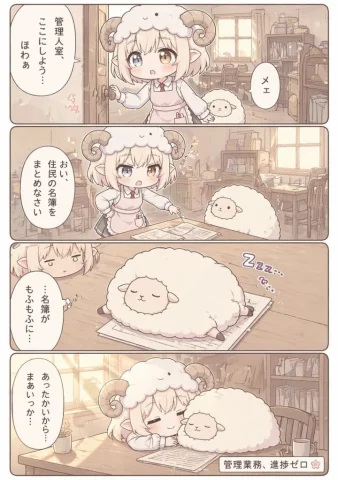 Cute Sheep Horn Girl Office Manga — Nano Banana 2 AI Prompt: {"type":"four-panel manga page","style":"soft pastel anime chibi, warm beige and...