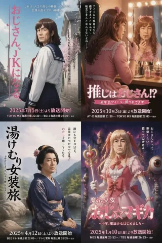 Four Japanese Uncle Parody Posters — Nano Banana 2 AI Prompt: {"type":"four-panel Japanese TV drama and anime parody poster collage","style":"...