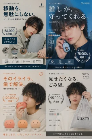 Japanese Guy Product Ad — Nano Banana 2 AI Prompt: {"type":"Japanese social media ad collage","style":"clean modern lifestyle produ...