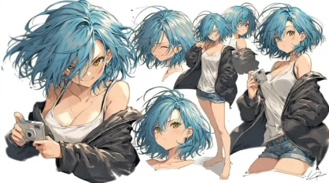 Blue-Haired Anime Character Design Collection — Nano Banana 2 AI Prompt: {"type":"anime character reference collage","subject":{"gender_presentation":"yo...