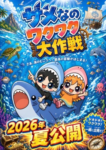 Shark Adventure Poster — Nano Banana 2 AI Prompt: A bright, hyper-energetic Japanese movie poster illustration in a polished anime...