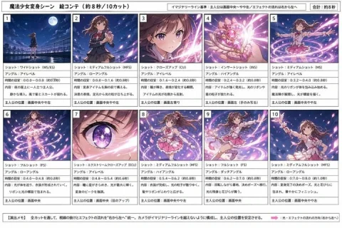 Magical Girl Transformation Storyboard — Nano Banana 2 AI Prompt: {"type":"anime transformation storyboard sheet","subject":"magical girl transfor...