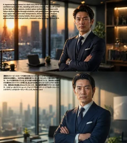 Bilingual Prompt Comparison — Nano Banana 2 AI Prompt: {"type":"comparison image","subject":"same photorealistic editorial portrait ren...