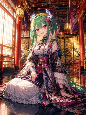 Opulent Shrine Maiden Princess — Nano Banana 2 AI Prompt: A highly detailed anime-style portrait of a seated shrine maiden princess in an...