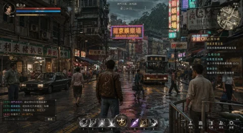 Neon Rainy Macau — Nano Banana 2 AI Prompt: A cinematic third-person action RPG gameplay screenshot set in Macau Peninsula,...