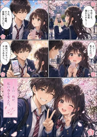 Spring Campus Romance Manga — Nano Banana 2 AI Prompt: {"type":"full-color shoujo manga page","style":"romantic anime illustration, glo...
