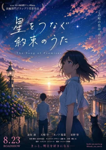Anime Sunset Movie Poster — Nano Banana 2 AI Prompt: A breathtaking anime movie poster at golden-hour sunset, vertical theatrical one...