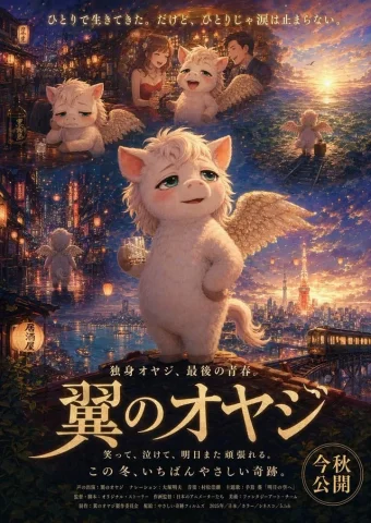 Winged Salaryman — Nano Banana 2 AI Prompt: A dramatic Japanese fantasy movie poster in a painterly, ultra-detailed cinemati...